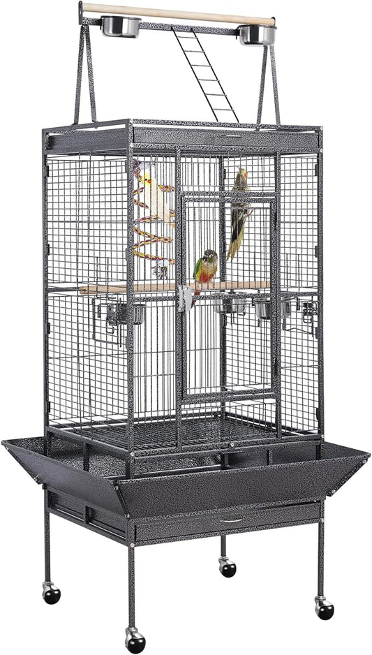 Yaheetech 69-inch Wrought Iron Rolling Large Parrot Bird Cage for African Grey Small Quaker Amazon Cockatiel Sun Parakeet Green Cheek Conure Dove Lovebird Budgie Play Top with Stand