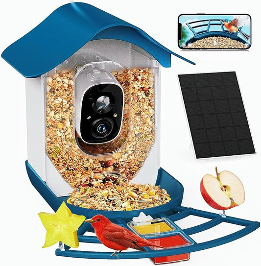 PeckCam® Smart Bird Feeder with Camera 2K HD Auto Detect & Notify, AI Identify 10000+ Birds Camera with Solar Panel 5 Perch Attachments Wireless Outdoor Birdwatching Gift for Birds Lover, Blue