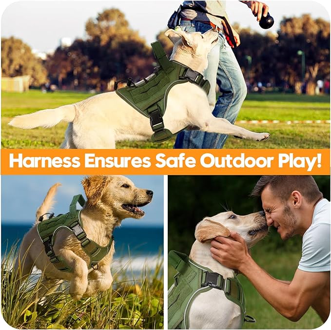 Heavy-Duty Tactical Dog Harness for Large Dogs, No Pull Adjustable Reflective Pet Vest with Molle System, K9 Military-Grade Control for Service Training, Outdoor & 10+ Breeds, Green, Medium