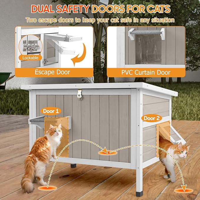PetsCosset Insulated Cat House Outdoor Weatherproof Feral Cat Shelter for Winter, All-Round Foam Insulation Wooden Pet House for Small Animals with Escape Door,Openable Roof(34.5"L x 21.7"W x 25.6"H)