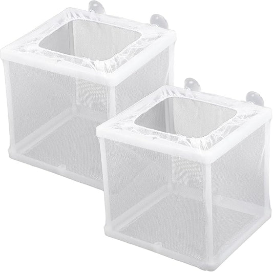2 Pack Fish Incubator Mesh Box Aquarium, 6.3" x 5.51" x 5.91" Breeder Box for Fish Tank White Nylon Mesh Fishes Breeder Boxes for Aquarium Juvenile Fishes Separation Net Fry Hatchery with Suction Cups