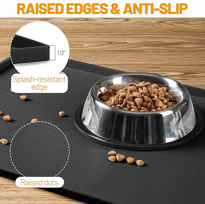 Hubulk Dog Feeding Mat,100% Waterproof Food Grade Silicone Pet Food and Water Bowl Placemat,Dishwasher, High Raised Edge to Prevent Spills,Nonslip Tray to Stop Messes on Floor (32"x24"x1.0", Black)
