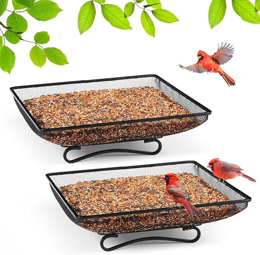 MIXXIDEA Ground Bird Feeder Tray 11x11 Inches, Metal Platform Mesh Seed Tray for Bird Feeders, Great Attracting Garden Yard Decoration for Wild Birds Squirrels Dove,2 Pack