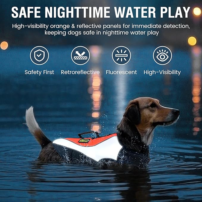 Dog Life Jackets for Large Breeds – Reflective Dog Life Vests for Swimming and Boating, Buoyancy Aid with Rescue Handle, Adjustable Swim Safety Vest (XL, Orange)