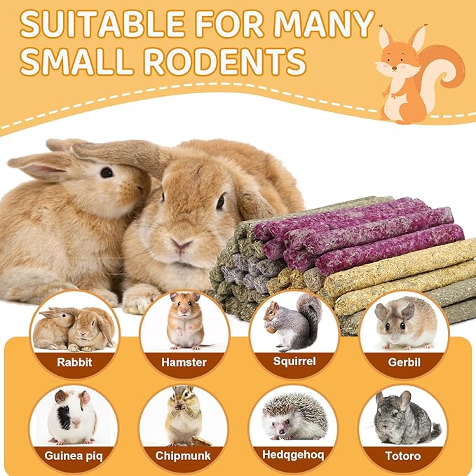 52Pcs Rabbit Chew Sticks, Guinea Pig Toys, Natural Timothy Grass Molar Teeth Stick, Mixing Flowers, Roses, Calendula and Forget Me Not, Small Animals Treats