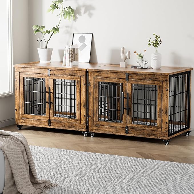 Lulive Dog Crate Furniture, Dog Kennel Indoor Double Doors Wooden Dog Cage, 32'' Heavy Duty Dog Crate with Cushion & Wheels, Decorative End Table Pet House Chew-Resistant for Medium/Small, Brown