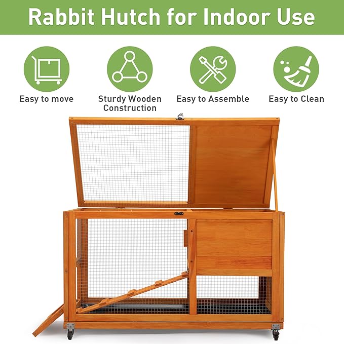 COZIWOW Fashionable Wood 36Inches Rabbit Hutch Indoor with Wheels Bunny Cage Outdoor Fashion Rabbit Cage with Clean Tray, Openable Roof, Anti-Slip Ramp for Small Bunny Rabbit (Orange)
