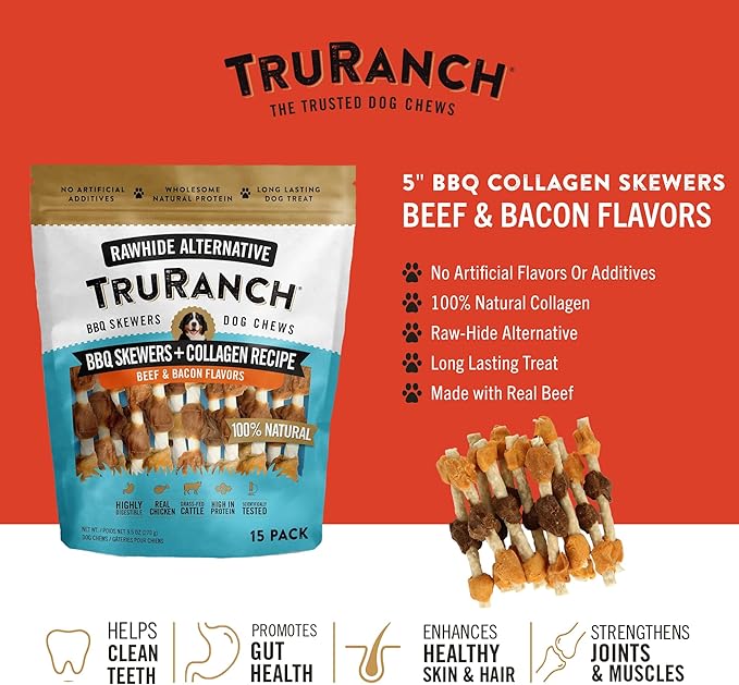 5" BBQ Collagen Skewers - Collagen Dog Chews - Long Lasting Healthy Joint Support Dog Treat - Rawhide Alternative - Skin & Coat Health, 1 Bag, 15 Count