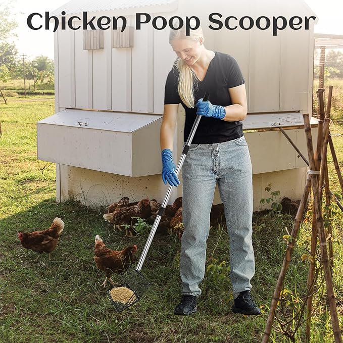 Chicken Poop Scooper for Sand 10 Inch, Chicken Coop Scoop Large Metal with Adjustable Handle, Multifunctional Coop Scoop Rake Set Sifting Shovel, Heavy Duty Pooper Shovel Tool Accessories