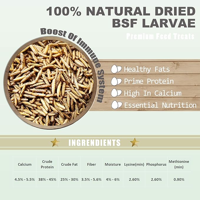 Amzey Dried Black Soldier Fly Larva-22 LBS(11LB/2Bags) -100% Natural BSF Larvae-85X More Calcium Than Dried Mealworms - High Calcium Treats for Chickens, Birds, Reptiles, Hedgehog, Turtles