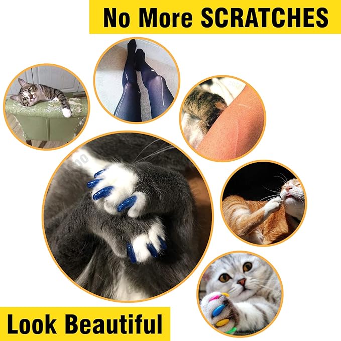 zetpo 80 pcs Cat Claw Covers | Cat Nail Caps | with Adhesives and Applicators (L, Black, White, Silver Glitter, 24k Gold Glitter)