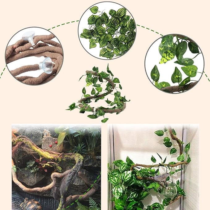 PINVNBY Bearded Dragon Hammock,Reptile Lounger Natural Seagrass Lizard Hammocks Habitat Tank Accessories Jungle Climber Vines Flexible Leaves Decor for Climbing Reptiles Chameleon Gecko Snakes