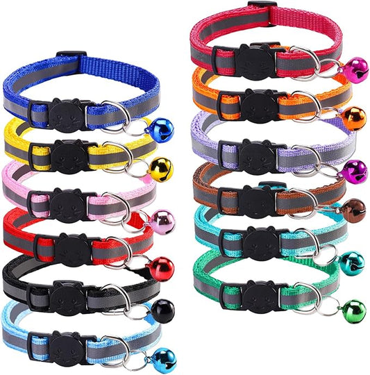 12 Pcs Reflective Breakaway Cat Collars with Bells Adjustable Buckle Kitten Collars Soft Nylon Identification Collares Gifts for Puppy Kittens Pet Supplies Accessories