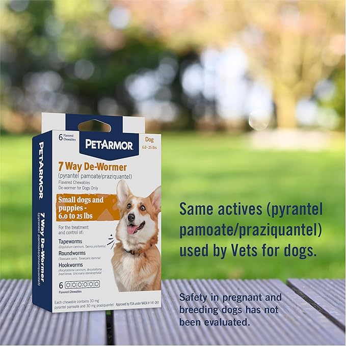PetArmor 7 Way De-Wormer for Dogs, Oral Treatment for Tapeworm, Roundworm & Hookworm in Small Dogs & Puppies (6-25 lbs), Worm Remover (Praziquantel & Pyrantel Pamoate), 6 Flavored Chewables