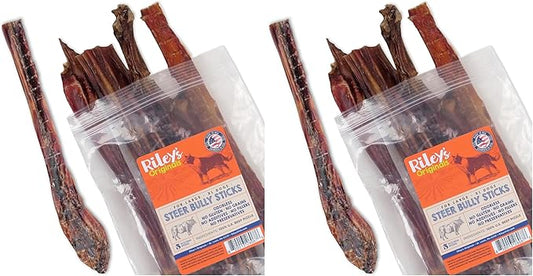 Riley's Steer Bully Sticks for Large to XL Dog Breeds - Odor Free, Single Ingredient Treat - Easily Digestible, 100% Beef Pizzle Sticks for Dogs - 12", 5ct (Pack of 2)