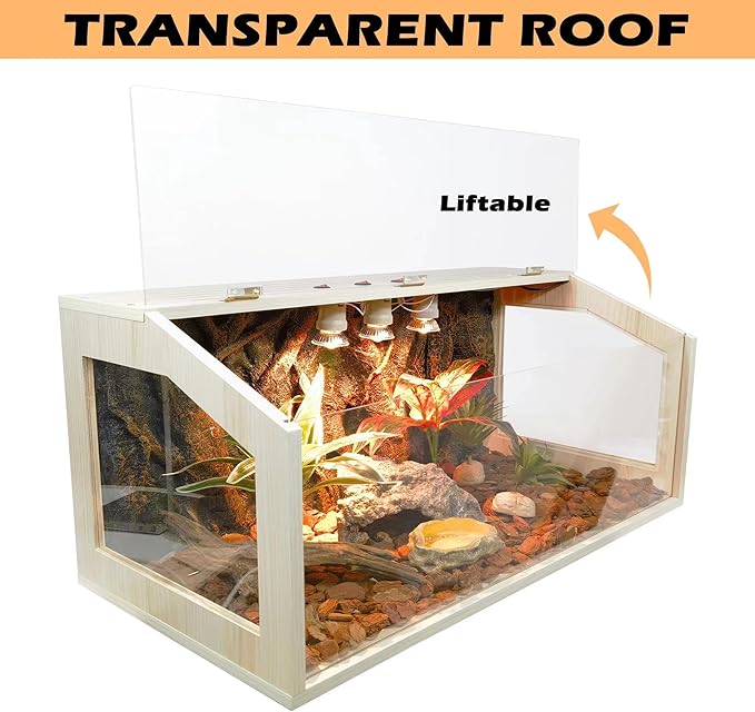 Prolee 68 Gallon Reptile Terrarium Tank Large 48 Inch Lizard Tank Bearded Dragon Tank with Roof Door, Snake Tank with Built-in Lamp Fixture and Switch, Side Windows, 48 Inch