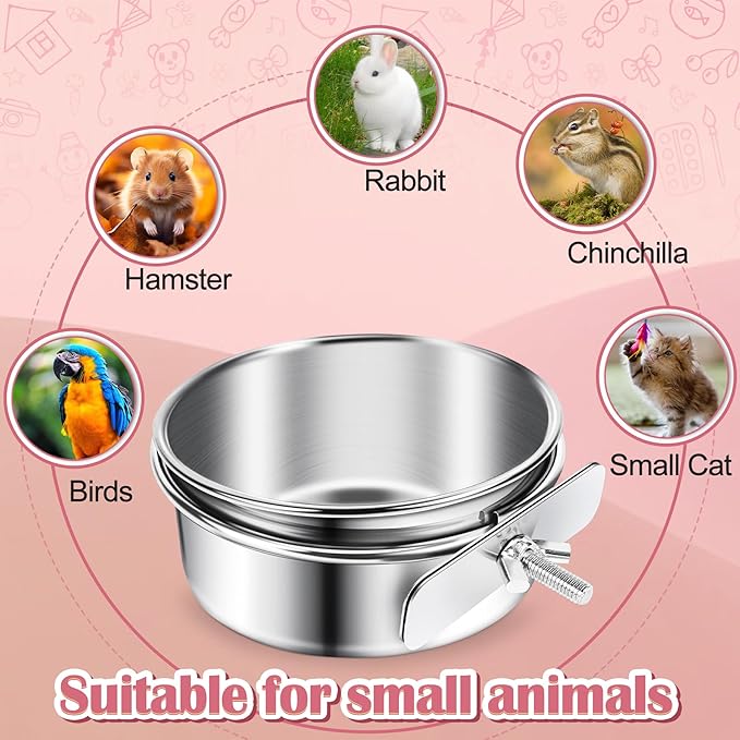 ToLanbbt 8 Pcs Stainless Steel Bird Food Bowls Bird Water Bowls with Clamp Holder, Parrot Feeding Dish Cups Parrot Cage Coop Feeders for Cockatiel Conure Budgie Parakeet Macaw Lovebird Small Animal, S