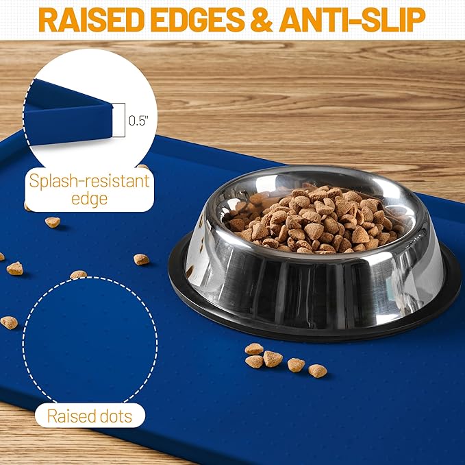 Hubulk Dog Feeding Mat,100% Waterproof Food Grade Silicone Pet Food and Water Bowl Placemat,Dishwasher, High Raised Edge to Prevent Spills,Nonslip Tray to Stop Messes on Floor (24"x16"x0.5", Navy)