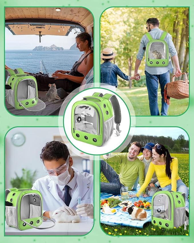 Guinea Pig Carrier Backpack, Portable Rabbit Travel Carring Bag for Pet Bunny Chinchilla Bearded Dragon Hamster Parrot Outgoing Pouch Case with Water Bottle Holder & Detachable Pad (Green)
