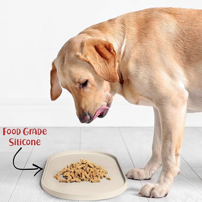 DogBuddy Dog Food Mat - Waterproof Dog Bowl Mat, Silicone Pet Mat for Food and Water Bowls, Nonslip Pet Feeding Mat with Edges, Dogs Food Mats for Floors, Puppy Supplies (Small, White Sand)