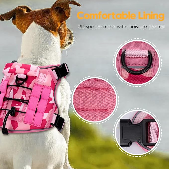 Heavy-Duty Tactical Dog Harness for Large Dogs, No Pull Adjustable Reflective Pet Vest with Molle System, K9 Military-Grade Control for Service Training, Outdoor & 10+ Breeds, Pink Camo, Small