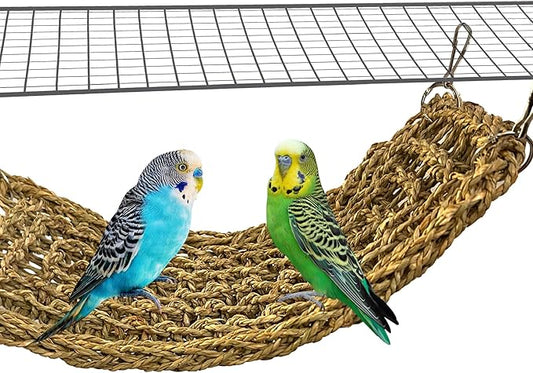 SIMENA Seagrass Mat for Birds, Natural Grass Woven Bird Net Hammock, Climbing Rope Ladder, Chew Toys for Parrots Lovebirds Cockatiels Conures Budgies, Cockatoos (Small)