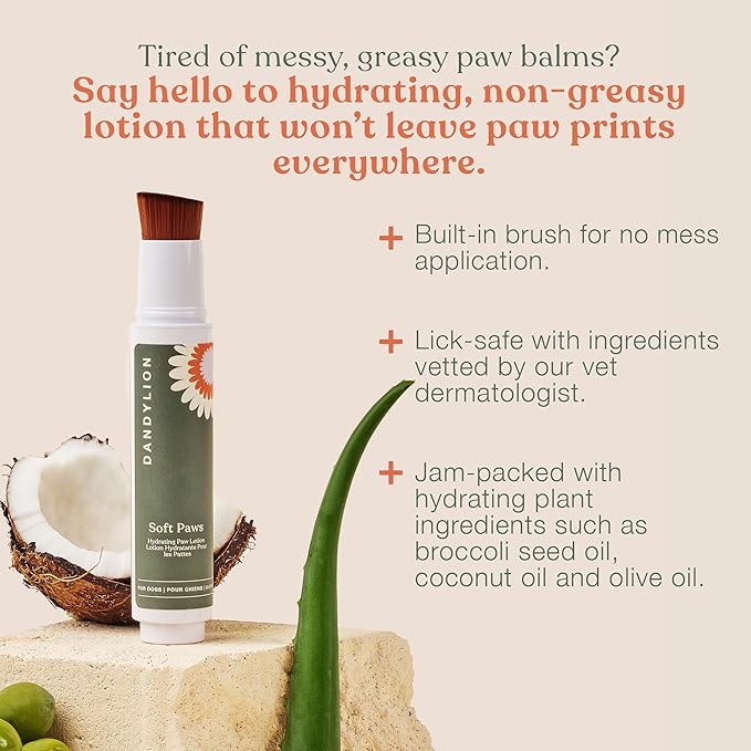 Dandylion Soft Paws | Paw Lotion with Brush | Dog Paw Balm Hydrating Alternative | Vet-Approved, Lick-Safe & Fragrance-Free | pH-Balanced for Itchy, Dry, Cracked Paws, Small & Large Dogs 0.6 fl oz
