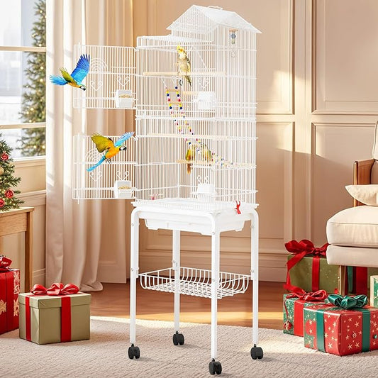 62-inch Metal Bird Cage: Spacious Bird Cage for Cockatiels, Parrots, Pigeons, Lovebirds, Features Roof Access and Rolling Stand, White
