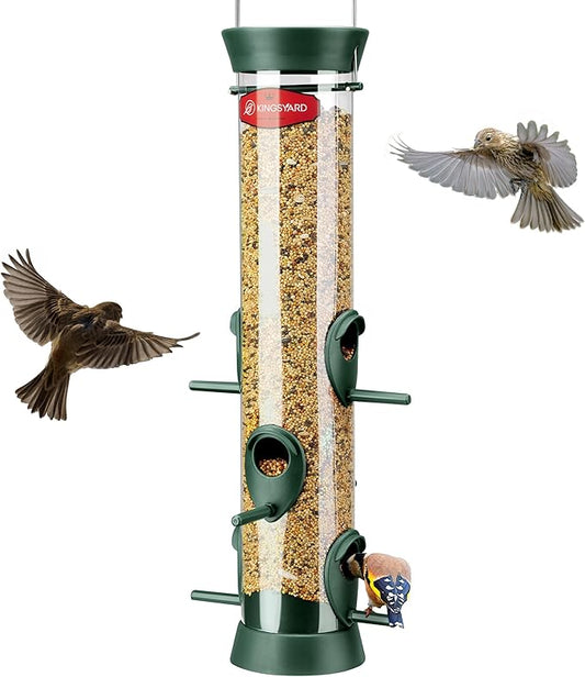 Kingsyard 6 Ports Tube Bird Feeder for Outdoors Hanging, Removable Base and Perch, Easy to Clean & Refill, Premium Hard Plastic, Attracting for Finches Cardinals Bluebirds (Green)