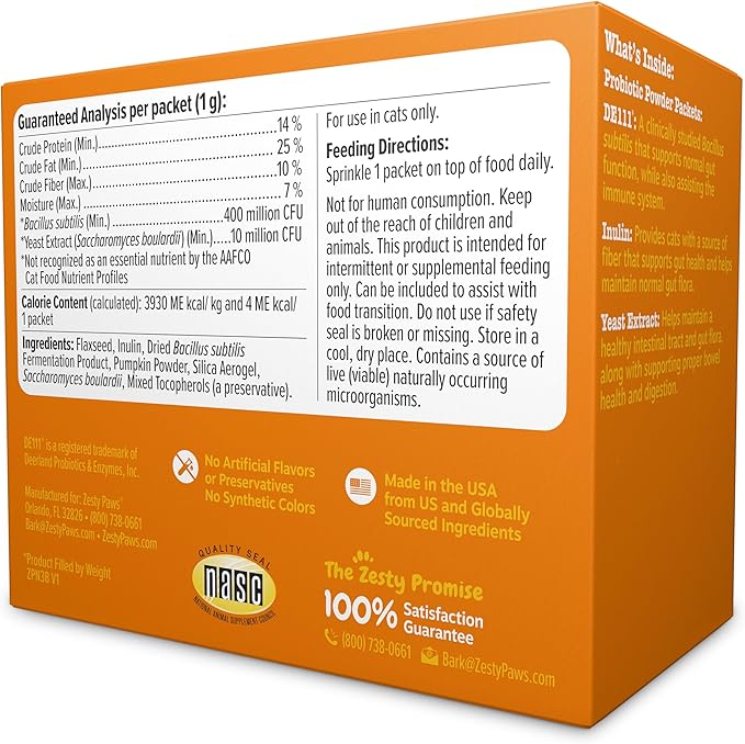 Zesty Paws Powder Probiotics for Cats - Meal Topper for Digestive, Immune System Support for Feline Biome - Premium DE111 Cat Probiotics for Digestive Health - Fiber & Yeast Extract - Pumpkin - 30 Ct