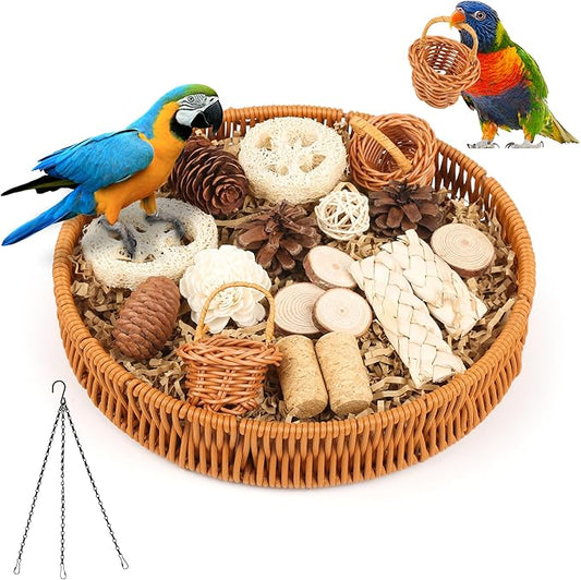 Natural Bird Toy Rattan Bird Foraging Box Parrot Shredding Toys Box Conure Chewing Toys for Cockatiel Lovebird Parakeet Budgie(Round 9.84inch)