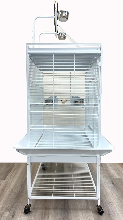 Extra Large Elegant and Durable Wrought Iron Climging Ladders Perch Stand Play Top Ground Bird Parrot Rolling Metal Cage, Include Seed Guard (White Vein, 32" x 23" x 69"H)