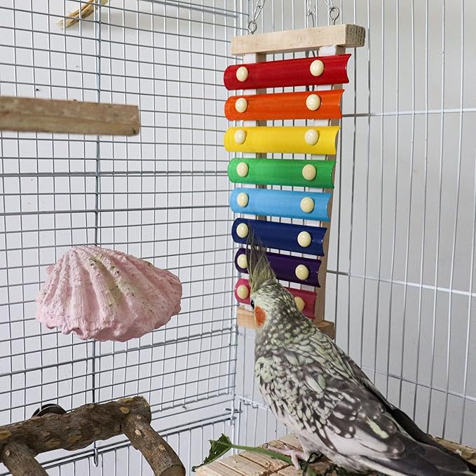 Dnoifne Colorful Bird Xylophone Toy, Suspensible Funny Xylophone Toy with 8 Metal Keys, Cage Accessories for Chicken Birds Parrots Parakeets Cockatiels Budgies Love Birds