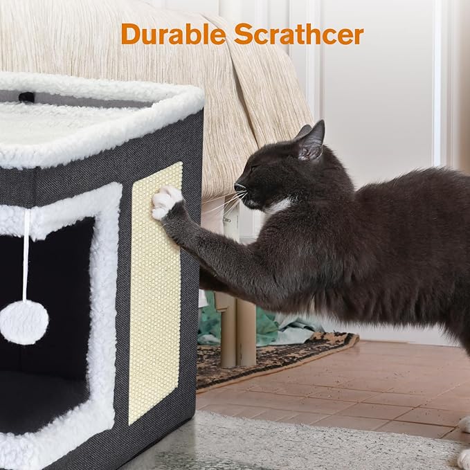 petizer Cat Bed for Indoor Cats, Large Covered Cat House with Scratch Pad, Foldable Cat Cave Bed & Hideaway Cube with Reversible Cushions, Cute Cat Condo for Multi Small Pet Kitten (Blue)