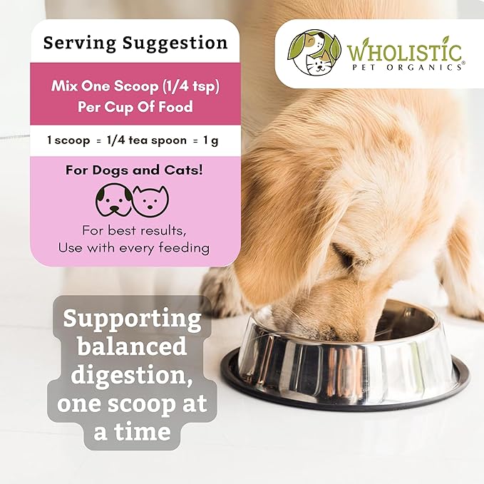 Wholistic Pet Organics Probiotics for Dogs with Digestive Enzymes & Prebiotic Fiber - 8 Oz - Daily Cat & Dog Probiotics for Digestive Health, Anti Diarrhea & Gut Support - Natural Powder Supplement