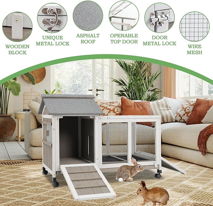 76.38"L Rabbit Hutch Indoor and Outdoor with 8 Wheels,Wooden Rabbit Cage with Pull Out Leak-Proof Tray for 2-4 Rabbits,Bunny Hutch with Asphalt Roof Suitable for Garden,Park,Living Room,Grey