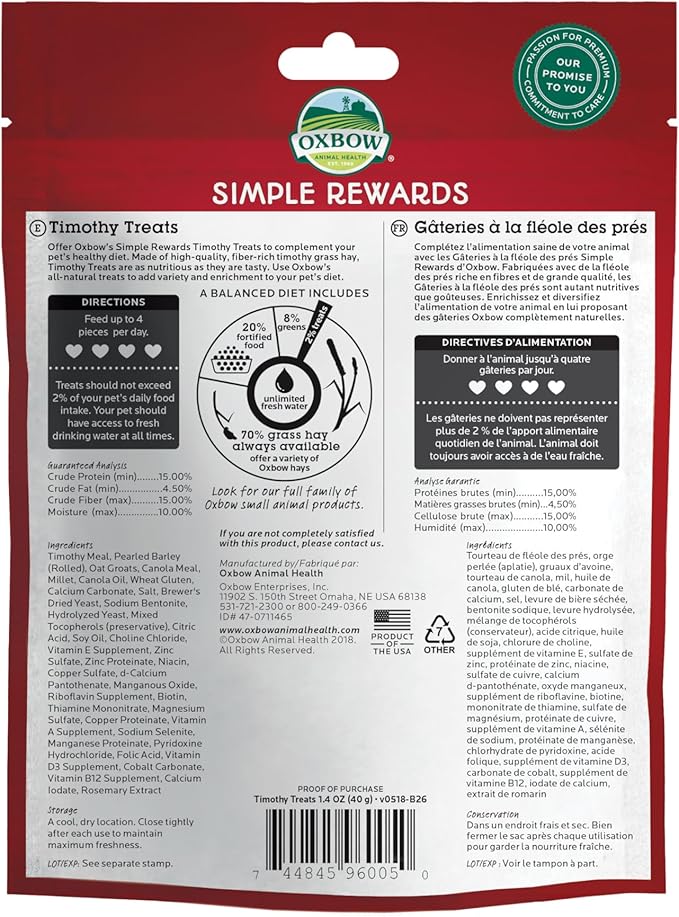 Oxbow Simple Rewards Timothy Hay Small Animal Treats, Healthy Guinea Pig, Rabbit, Chinchilla, and Hamster Snacks Made with High-Fiber Timothy Hay, Natural, Low Calcium Pet Treats, 3 oz Bag