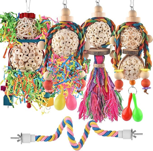 Bissap Conure Toys, 5 PCS Bird Foraging Shredder Hanging Swing Rope Perch Toys Sola Balls with Sand Hammer for Small Parrots Parakeets Conures Cockatiels Love Birds Cage Toy