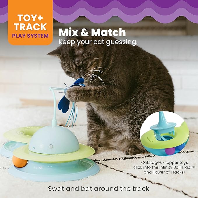 Catstages Infinity Ball Track for Cats with Two Balls, Including One Light-Up-Ball, Figure-8 Shaped Track Compatible with Topper Toys, Green