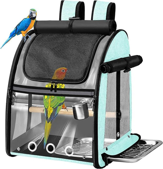 SUERTREE Bird Carrier Bag with Indestructible Stainless Steel Mesh, Bird Travel Cage with Stand, Easy to Clean Backpack for Parrot, Portable Bird Travel Bag, Green