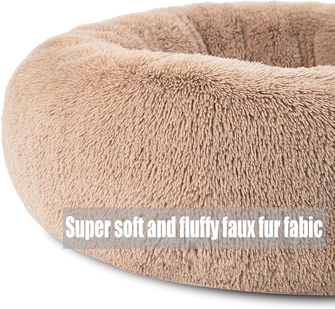 Calming Faux Fur Dog Beds Calming Donut Cuddler Dog Bed Washable Round Cat Bed Pillow Cuddler Fluffy Indoor Dog Calming Beds with Anti Slip Bottom Solid Color Champagne 47 Inch