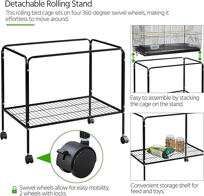 Yaheetech 47-inch Rolling Breeding Flight Bird Cages for Parakeets Budgies Finches Cockatiels Conures Lovebirds Canaries Parrots w/Detachable Stand, Black