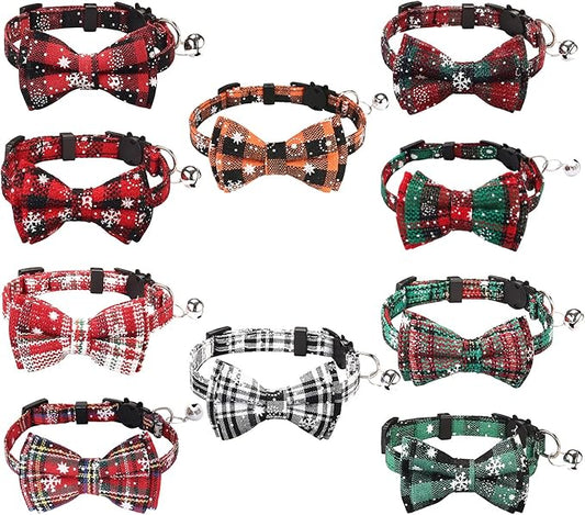 10 Pcs Christmas Cat Collar Breakaway with Bow Tie and Bell Kitten Collars Removable Bowtie Plaid Cat Collar for Cats Kittens Puppy Christmas Supplies