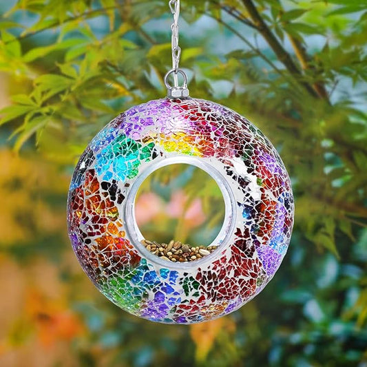 Mosaic Bird Feeders for Outside Hanging with Round Shape Glass Container Fly Through Solar Bird Feeder for Garden Decor (Multicolor)