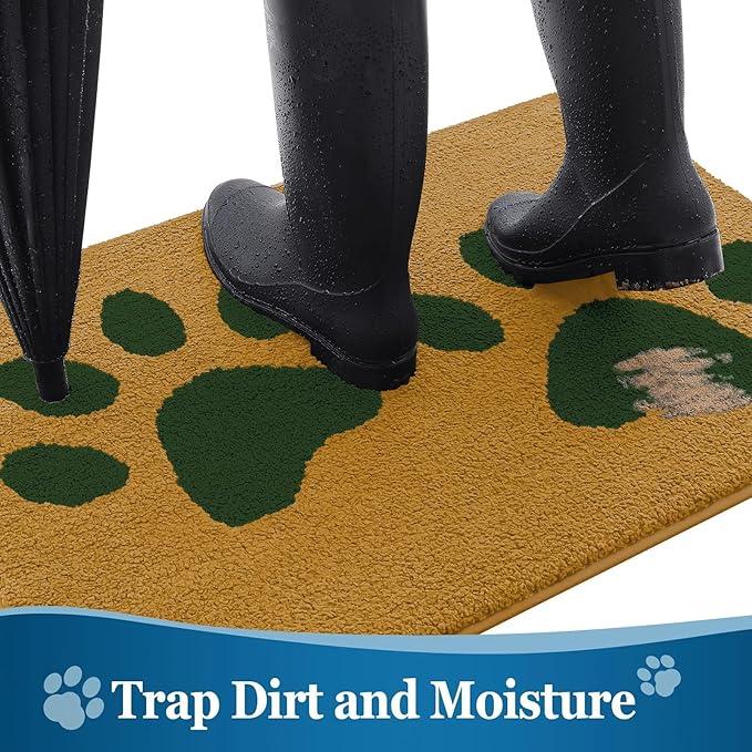 Buganda Dog Door Mat for Muddy Paws, Absorbent Dirt Trapper Washable Indoor Doormats, Non Slip Low-Profile Mud Mat for Dogs, Front Entrance Doormat for Inside Floor (36x24 Inches, Yellow and Green)