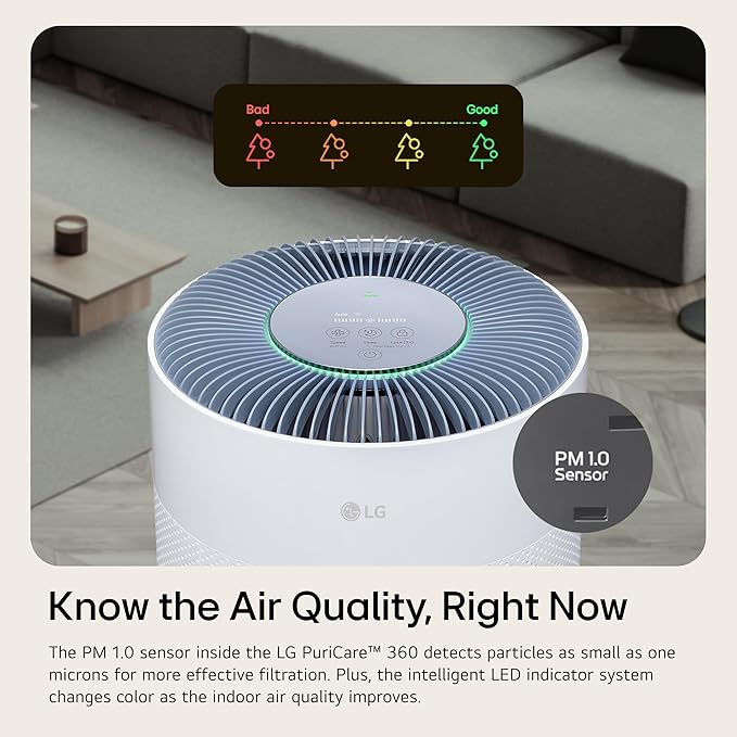 LG PuriCare 360 Air Purifiers for Home, Large and Small Room, Bedroom, Up to 2,059 ft² in 1 Hr with NanoFiber True HEPA Filter, 360 Degrees of Filtration, WiFi, Air Quality Monitor, Low Noise