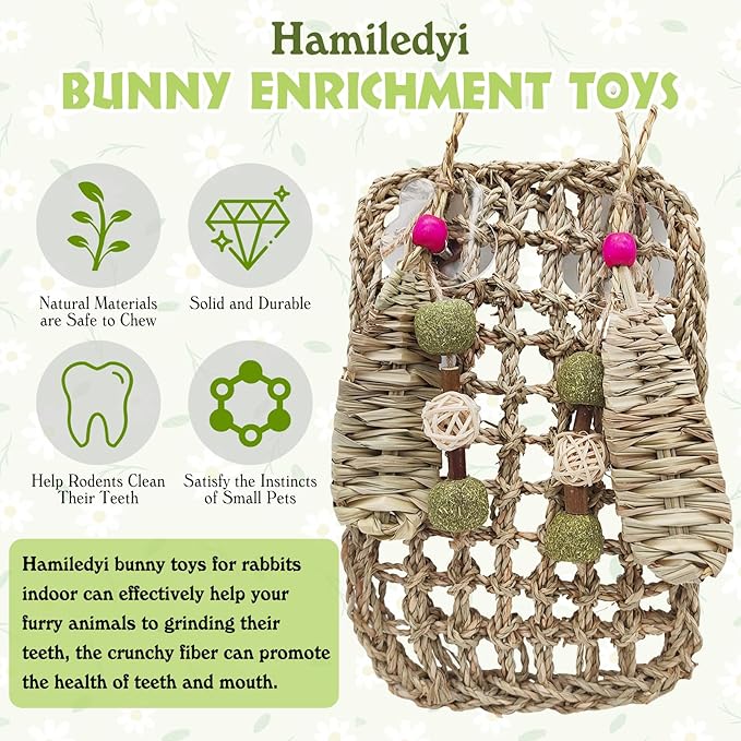 Hamiledyi Rabbit Seagrass Mat Hanging Bunny Chew Toys for Teeth Rabbit Enrichment Activity Mat Small Animal Toys for Guinea Pigs Chinchillas Gerbils Birds