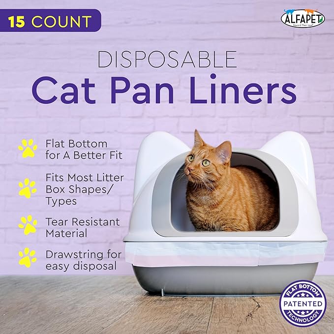 Alfapet Heavy Duty Flat Bottom Cat Litter Box Liners - Extra Giant 15 Count - Tear-Resistant Cat Litter Bags - Kitty Litter Liners for Rectangular Litterbox Pans, 36” x 18” x 2MIL Thick 30 lb Capacity