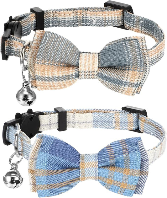 2 Pcs Cat Collar Breakaway with Bell and Bowtie - Adjustable Cat Bow Tie - Plaid Kitten Collar for Small Pets