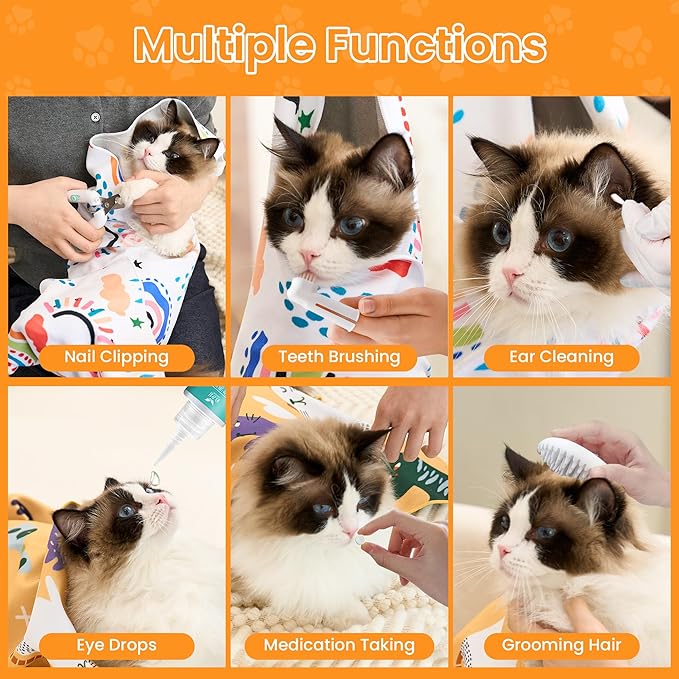 Cat Wrap for Grooming,Cat Wrap for Cutting Nails,Self-Adherent Soft Cat Blanket to Wrap,Anti-Bite,Anti-Scratch,Anti-Escape Calming Cat Swaddle Wrap (17.7" X 17.7",Within 10.61lbs)